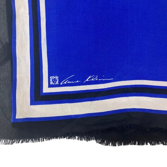 Vintage Anne Klein Silk Scarf Blue Black White Striped Rectangular Made In Japan - Picture 2 of 13